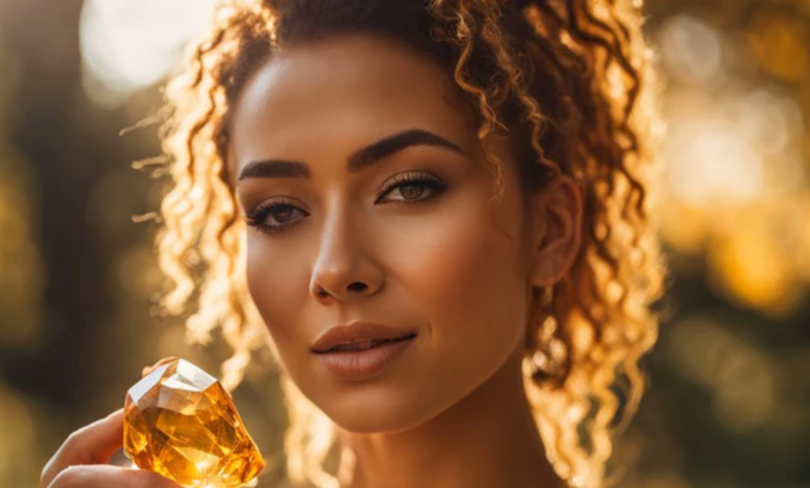 A woman wearing a Peridot Gem poses for a portrait.