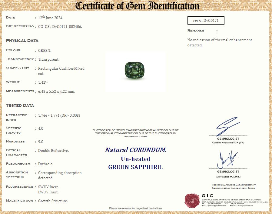 Green Sapphire 1.42ct Cushion